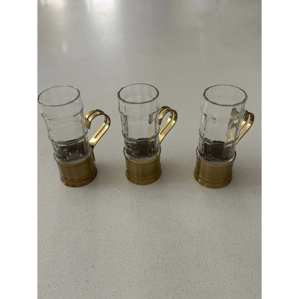 Vintage Beucler Tea  Espresso‎ Coffee Glasses Brass Holders Set of 3